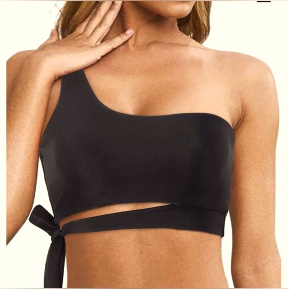 SIDE TIE SWIM TOP black One Shoulder bikini bathing suit top (only) sizeL NEW
